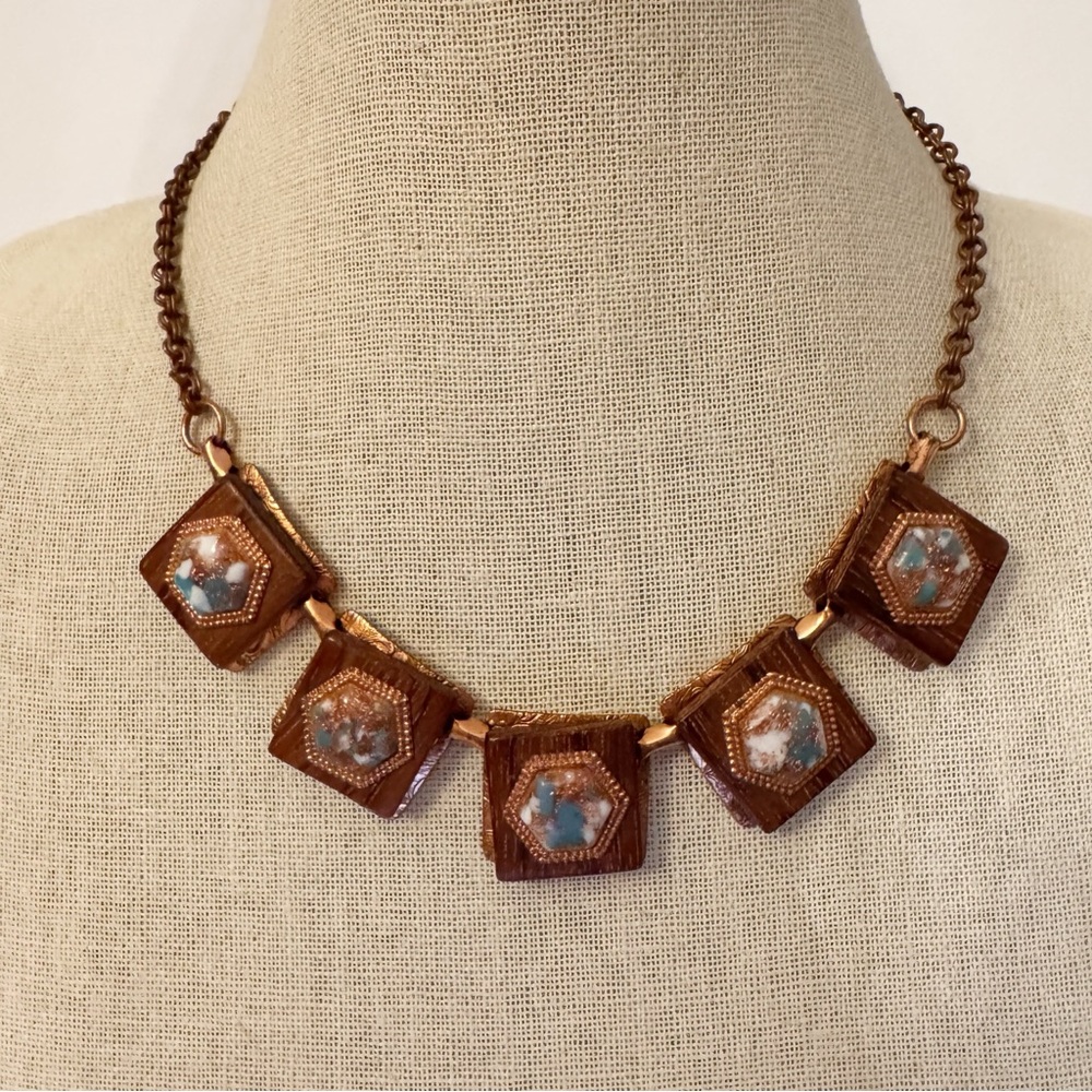 Vintage MCM copper square link necklace confetti lucite faux turquoise wood